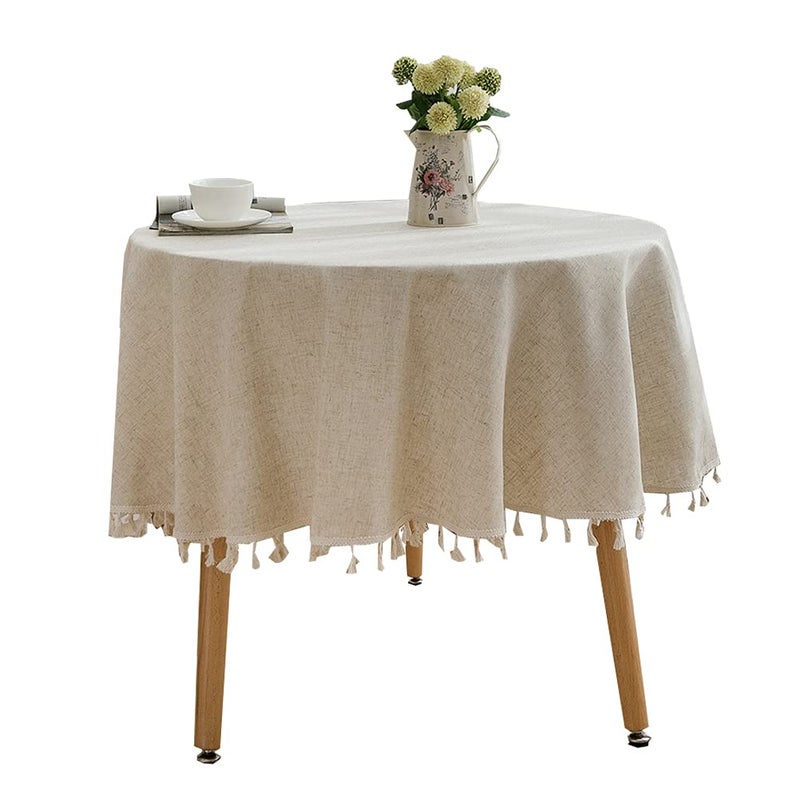 Aothpher Solid Color Round Tablecloth with Tassels Cotton Linen Table Cover for Kitchen Dining Farmhouse Tabletop Decoration Round 60 Inch Neutral