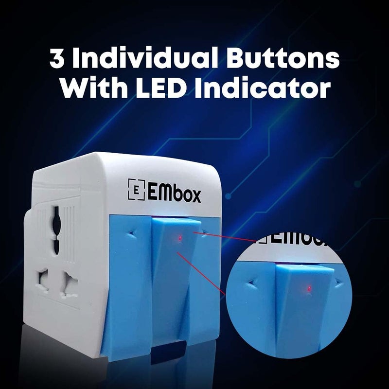 EMBOX محول متعدد 3 دبابيس مع مفتاح فردي مقبس 3 دبابيس مع غطاء أمان واقي من الارتفاع محمي بالفيوز محول 3 طرق للمنزل والمكتب والسفر-5A-250V، عبوة من 2 أزرق - Image 3