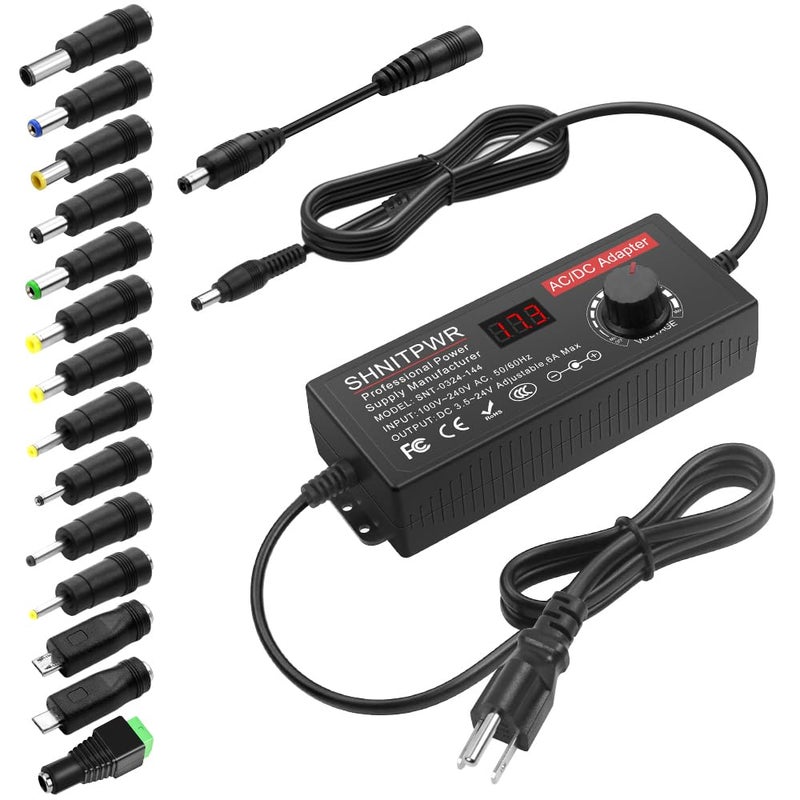SHNITPWR Universal Power Supply DC 24V 12V 5V 6V 9V 14V 19V Adjustable AC/DC Adapter 100V~240V AC to DC Variable Power Converter Multi-Voltage 3.5V ~ 24V 6A 144W Power Adapter 14 Tips LCD Display - Image 1