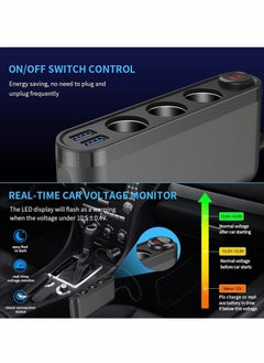 Excefore Car Charger, 200W Cigarette Lighter Splitter 3 Socket with PD3.0(20W) USB C QC3.0(18W) Car Charger, LED Display Voltage, 12V/24V Car Splitter Adapter with Extension Cord  - Image 2