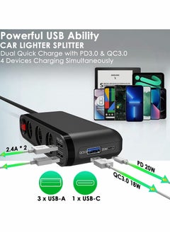 Excefore Car Charger, 200W Cigarette Lighter Splitter 3 Socket with PD3.0(20W) USB C QC3.0(18W) Car Charger, LED Display Voltage, 12V/24V Car Splitter Adapter with Extension Cord  - Image 3