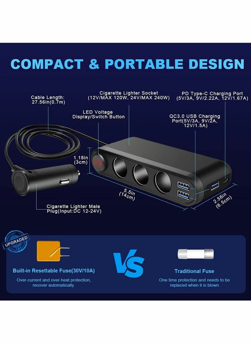Excefore شاحن سيارة، موزع ولاعة سجائر 200 وات، 3 مقابس، PD3.0 (20 وات)، USB C QC3.0 (18 وات)، شاحن سيارة، شاشة LED للجهد، محول موزع سيارة 12 فولت/24 فولت مع سلك تمديد - Image 4