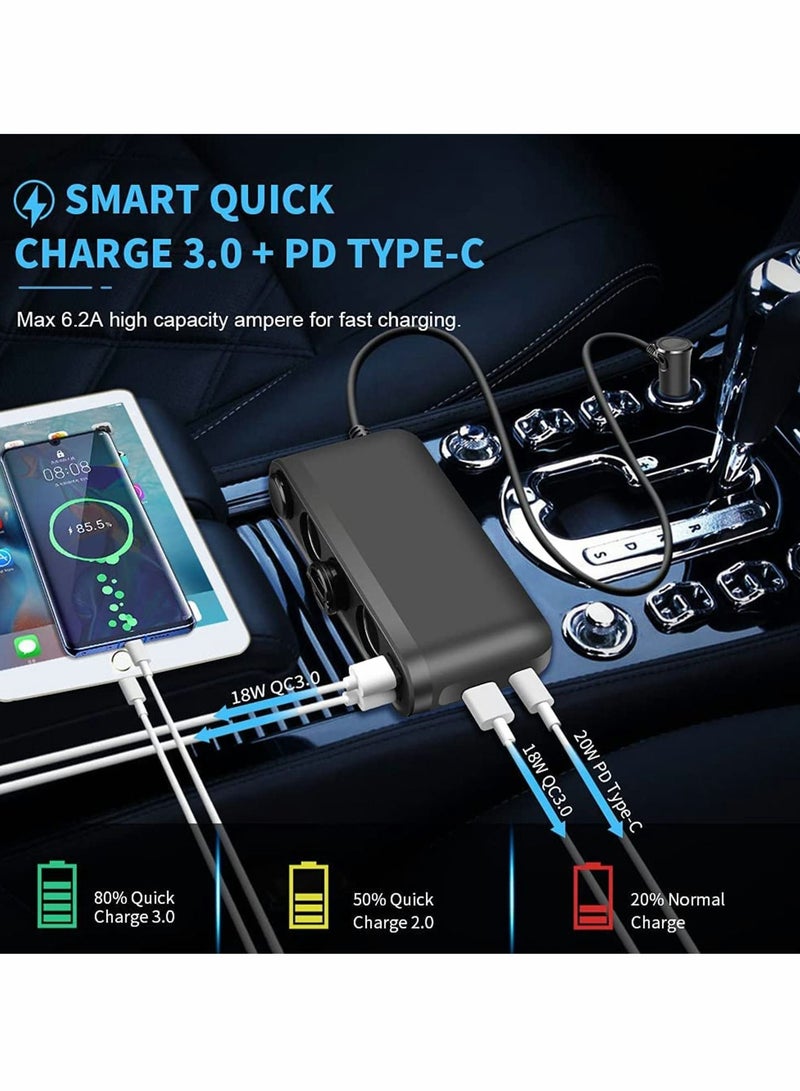 Excefore شاحن سيارة، موزع ولاعة سجائر 200 وات، 3 مقابس، PD3.0 (20 وات)، USB C QC3.0 (18 وات)، شاحن سيارة، شاشة LED للجهد، محول موزع سيارة 12 فولت/24 فولت مع سلك تمديد - Image 5