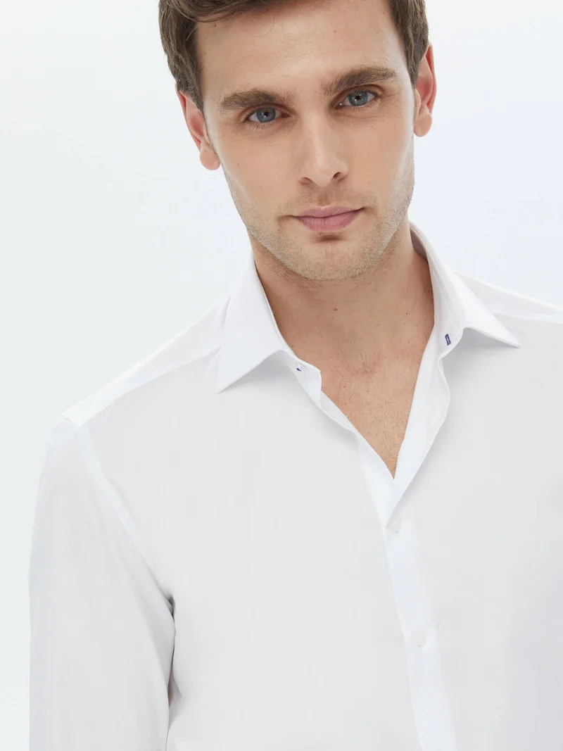 Kip White Plain Slim Fit Woven Classic Cotton Shirt