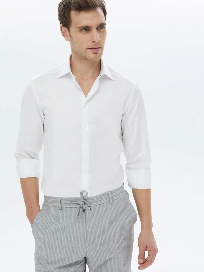 Kip White Plain Slim Fit Woven Classic Cotton Shirt