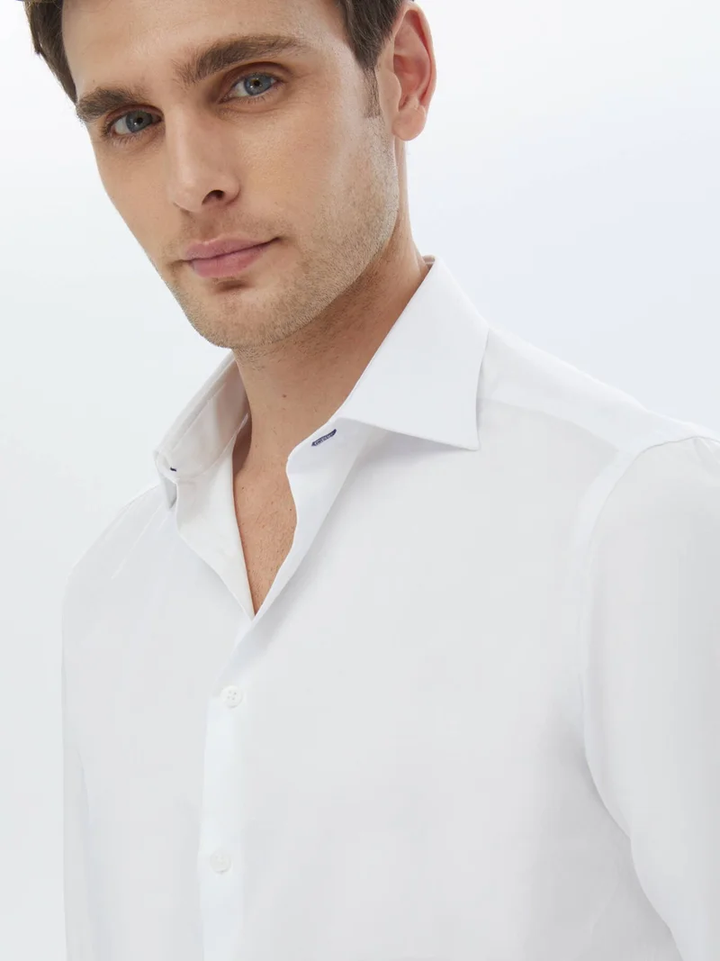 Kip White Plain Slim Fit Woven Classic Cotton Shirt