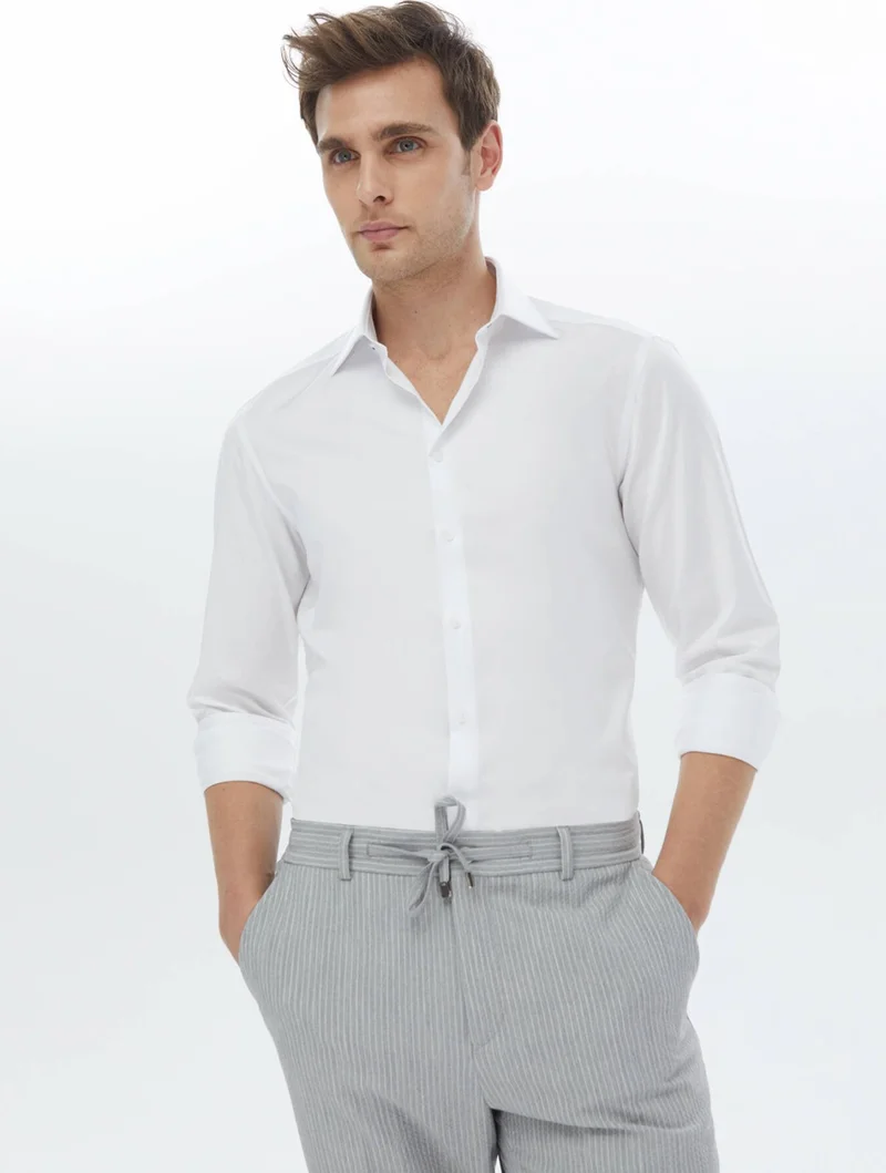 Kip White Plain Slim Fit Woven Classic Cotton Shirt