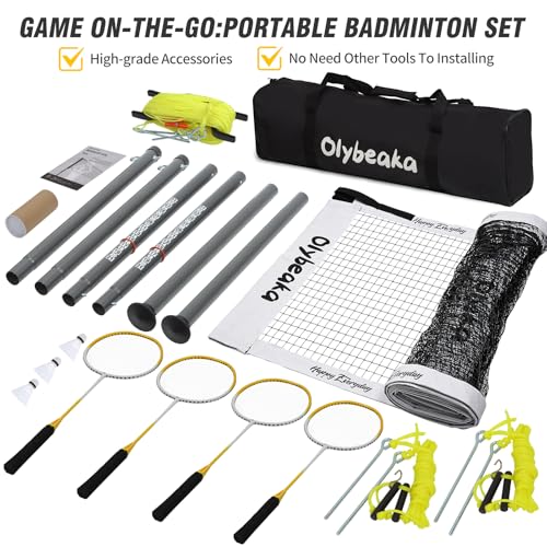 Olybeaka Badminton Set Outdoor for Backyard Lawn Beach Portable Badminton Net Set System with Anti Sagging Design 4 Carbon Aluminum Rackets 3 Birdies and Carrying Bag - Image 3