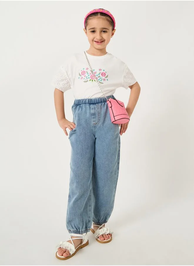Styli Styli Embroidered Short Sleeve T-Shirt with Schiffli Sleeves