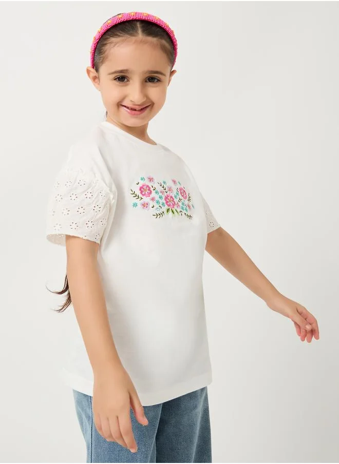 Styli Styli Embroidered Short Sleeve T-Shirt with Schiffli Sleeves