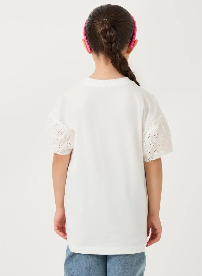 Styli Styli Embroidered Short Sleeve T-Shirt with Schiffli Sleeves