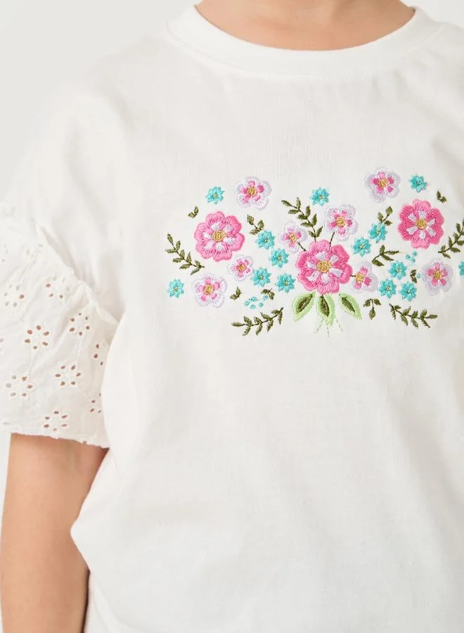 Styli Styli Embroidered Short Sleeve T-Shirt with Schiffli Sleeves