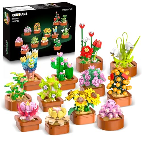 CUBIMANA 12 Pack Flowers Succulents Mini Building Set 1403PCS Flower Botanical Collection for Home Office Dcor 36MM Plant Blocks Toy Easter Birthday Gifts for Adults Women Kids Girls10 - Image 1