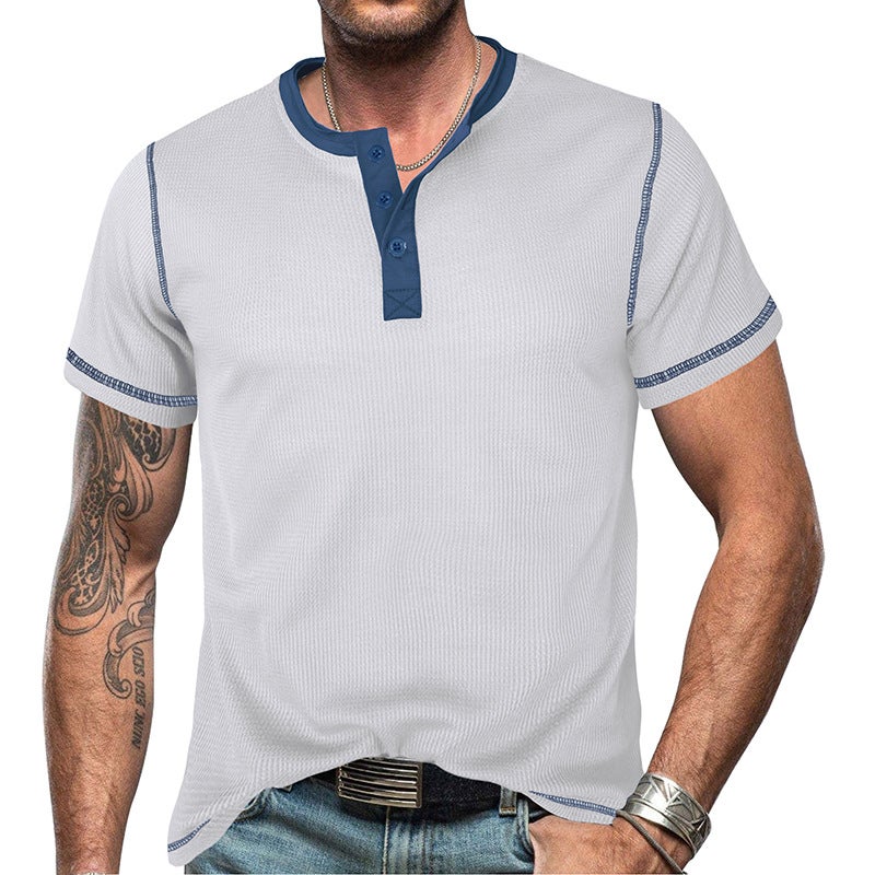 Cross-Border Men''s clothing 2023 Summer short-sleeved Henry lining and men''s retro T-shirt waffle color matching Henleys - Image 3