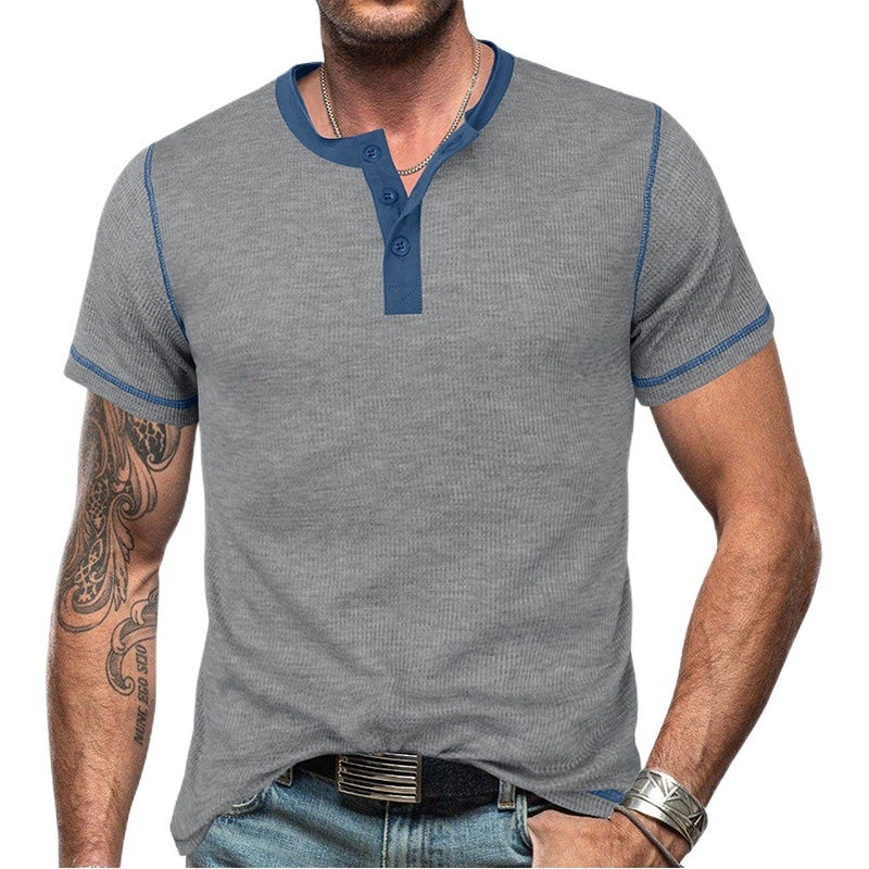 Cross-Border Men''s clothing 2023 Summer short-sleeved Henry lining and men''s retro T-shirt waffle color matching Henleys - Image 2