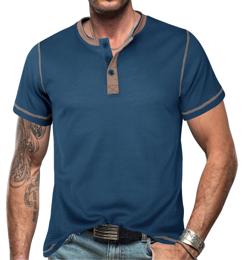 Cross-Border Men''s clothing 2023 Summer short-sleeved Henry lining and men''s retro T-shirt waffle color matching Henleys - Image 1