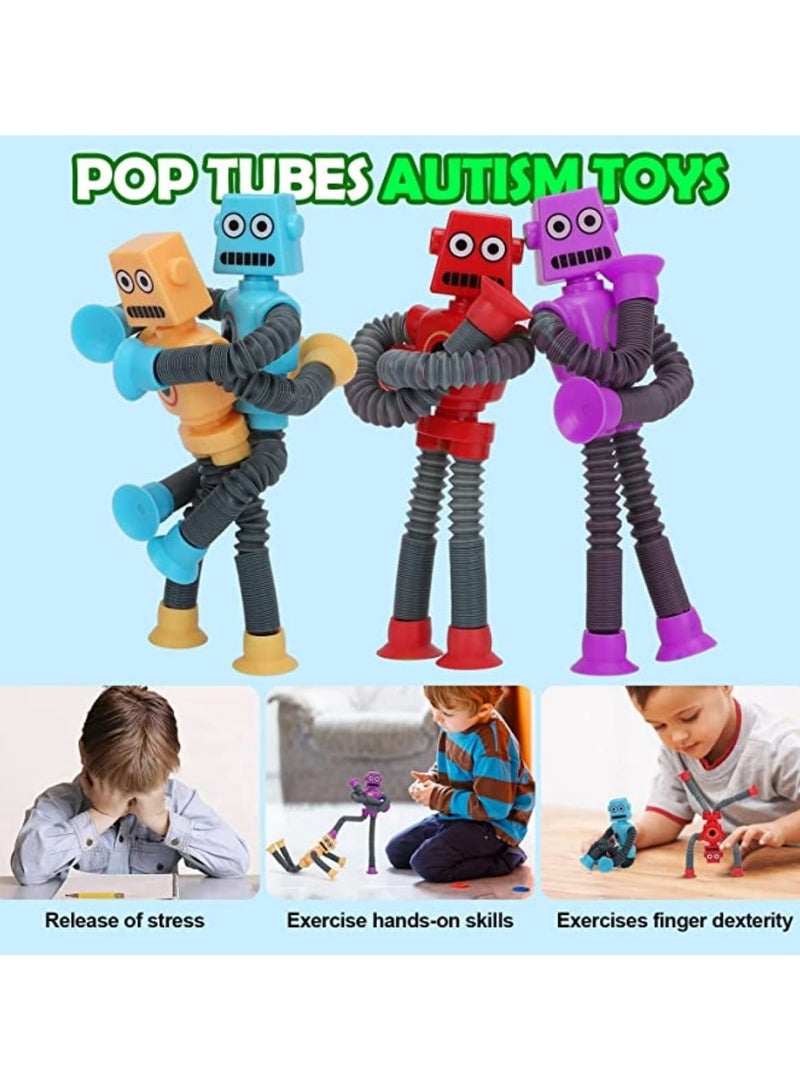 4 Pcs Telescopic Suction Cup Robot Toy with Light, Coolest Pop Tubes Sensory Toys for Toddlers, Educational Fidget Toys Robot Party Favors for Anxiety Kids for 2-9 Year Old Boys Girls, Stress Relief - Image 1