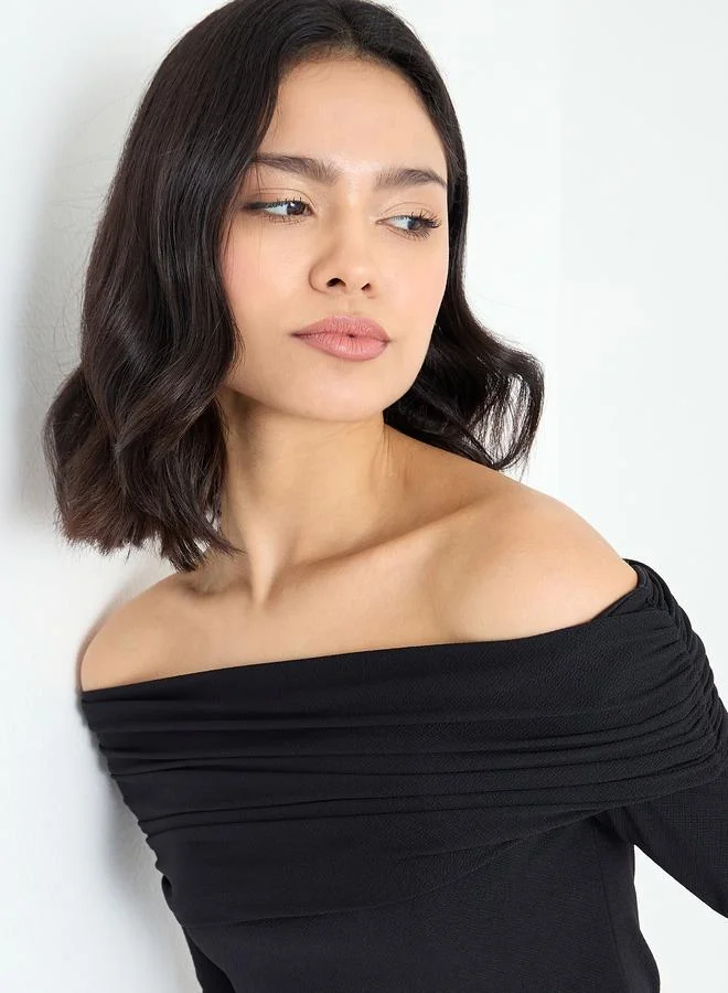 Styli Styli Black Off-Shoulder Textured Knit Top