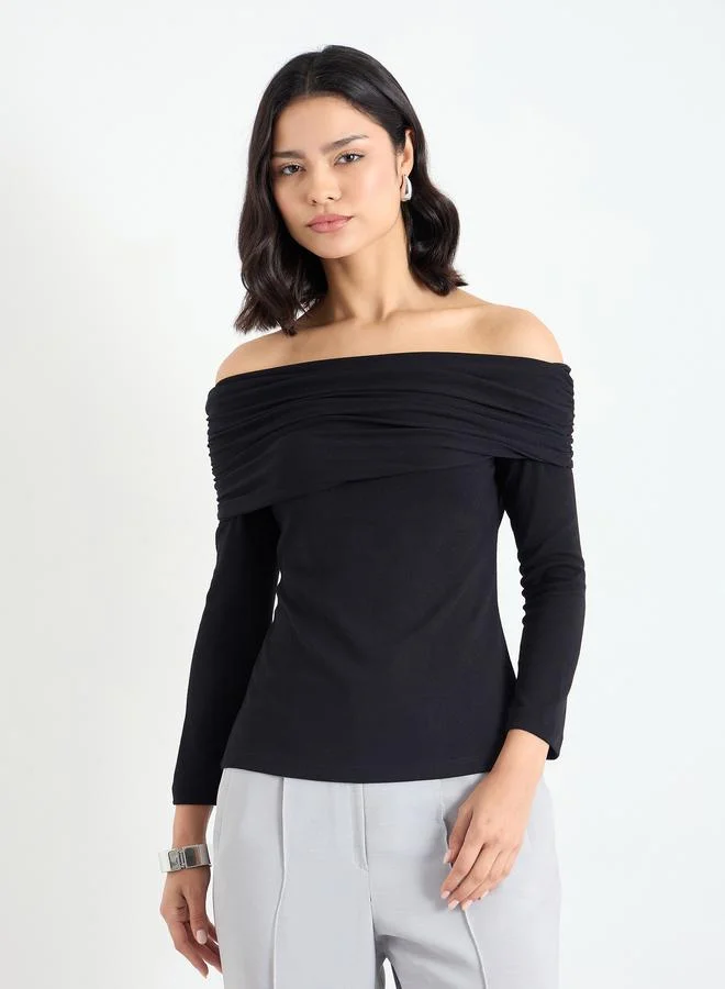 Styli Styli Black Off-Shoulder Textured Knit Top