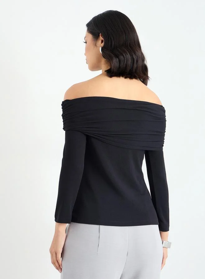 Styli Styli Black Off-Shoulder Textured Knit Top