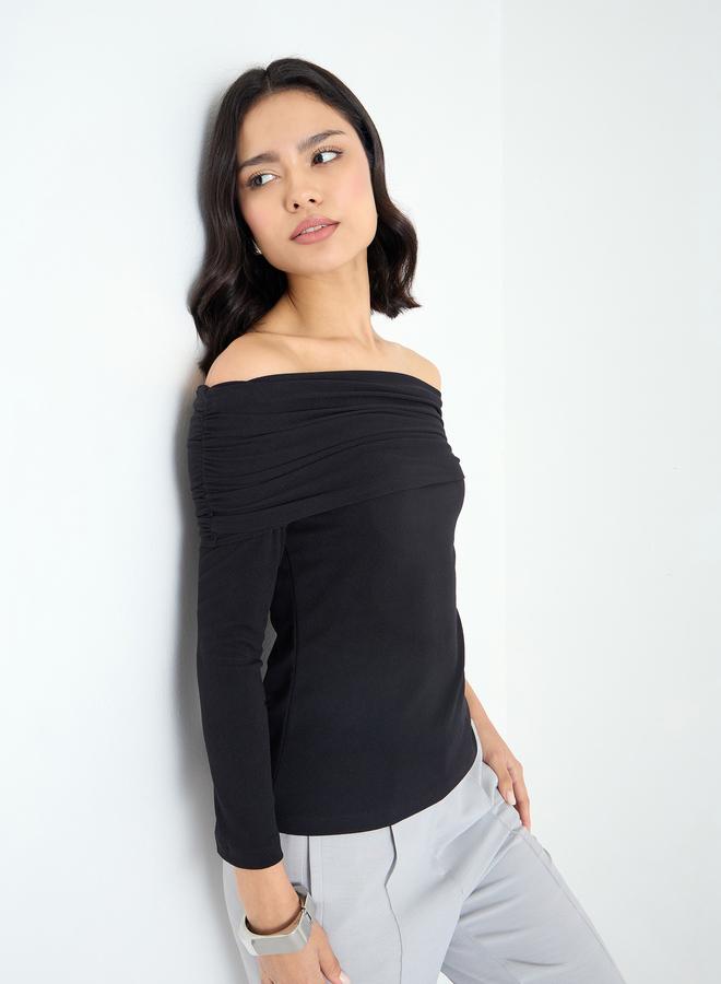 Styli Black Off-Shoulder Textured Knit Top - Image 1