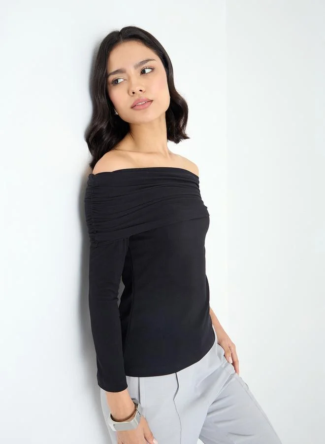 Styli Black Off-Shoulder Textured Knit Top