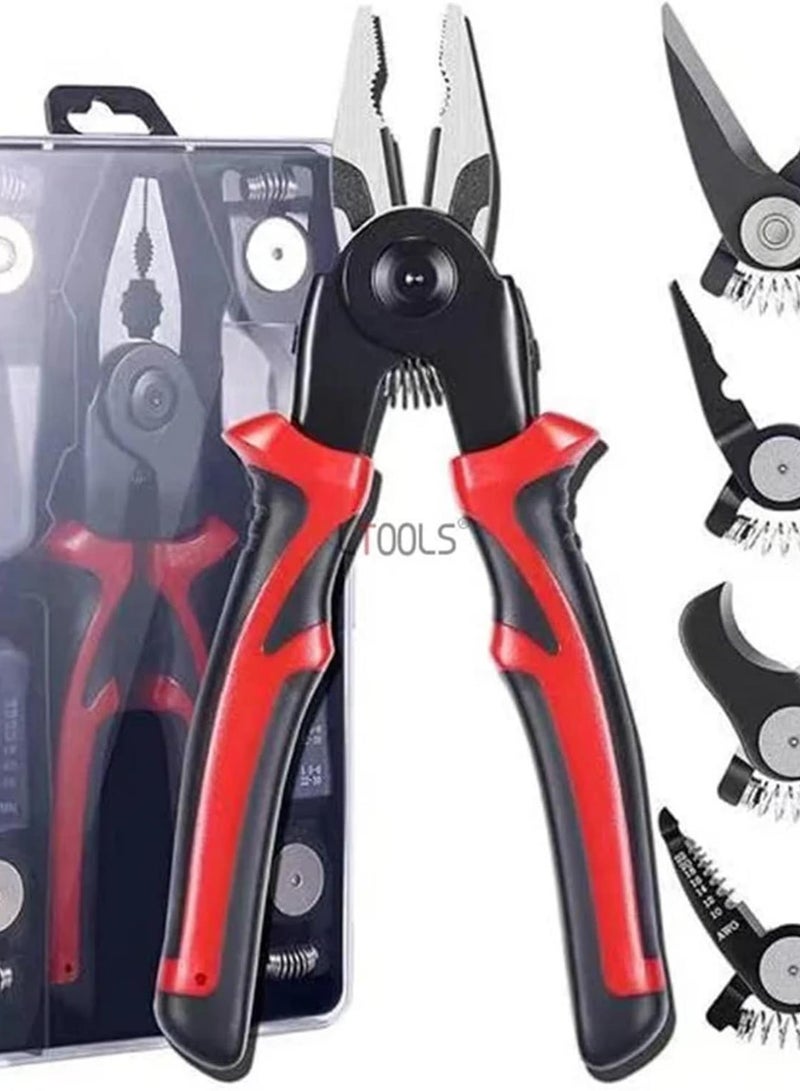 GGOOT 5 in 1 Cutting Stripping Pliers Wire Pressing Electricians Multifunctional Hardware Interchangeable Head Pliers Hand Tools (Color : Red) - Image 1