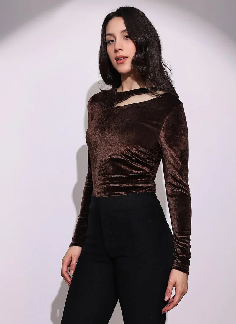 globus Globus Women Brown Round Neck Long Sleeves Cut-Out Detail Gathered & Pleated Velvet Party Top