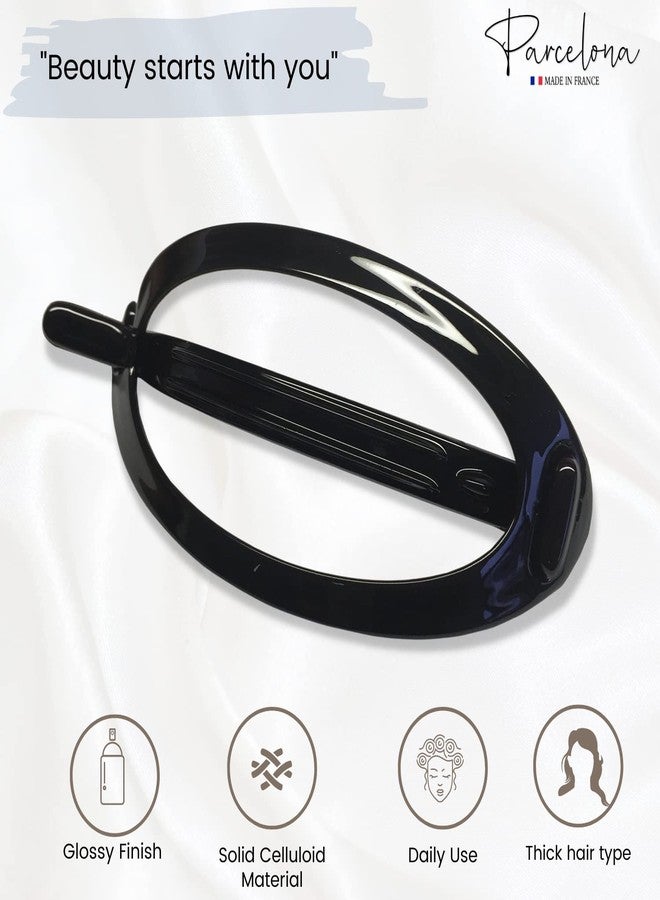 Parcelona French Plain Oval Large Ponytail Holder Metal Free Hair Clip Barrette (Glossy Black) - Image 2