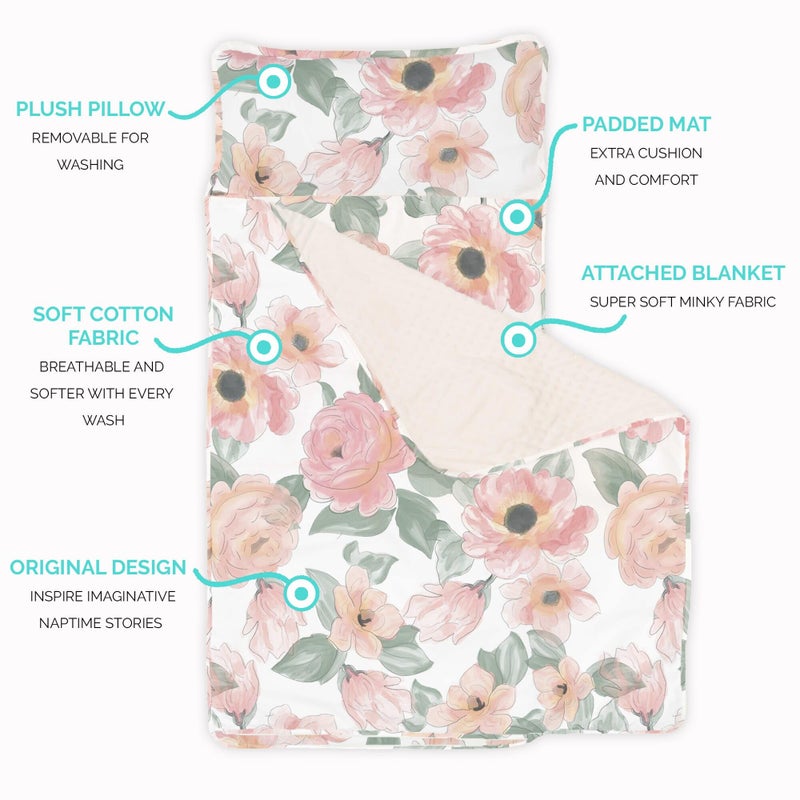 JumpOff Jo Nap Mat for Kids - Cozy Kids Rest Mat with Removable Pillow and Ultra Soft Blanket for Preschool, Daycare, and Sleepovers - Floral Watercolor - Image 2