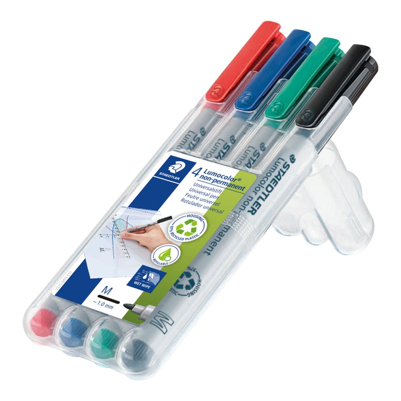 Staedtler Lumograph Non-Permanent, Wet Erase Marker Pens, Medium Tip Refillable Colored Markers, 4 Pack, 315 WP4 - Image 1