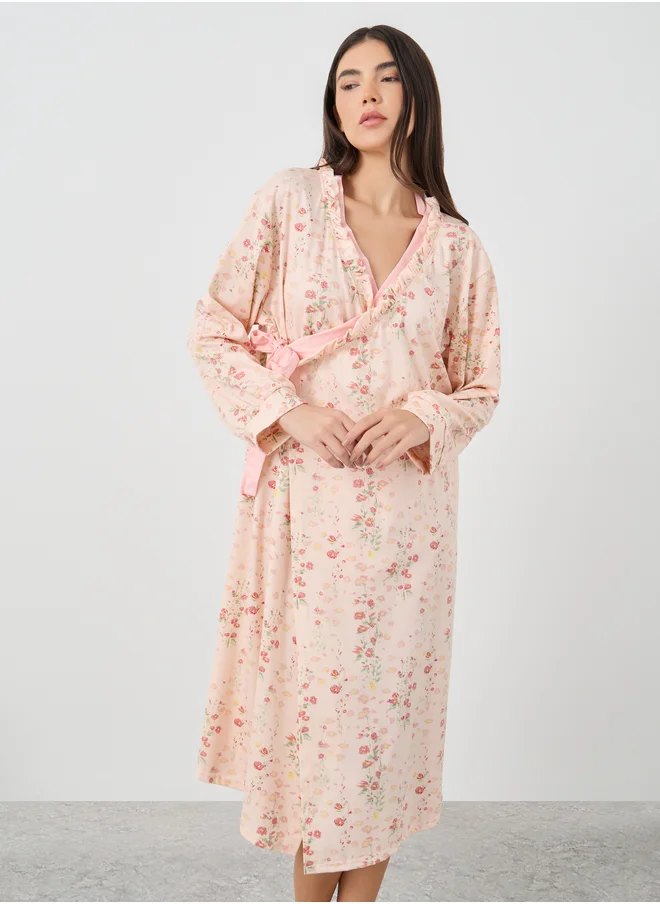 Take Two Take Two Floral Print Ruffle Trim Robe