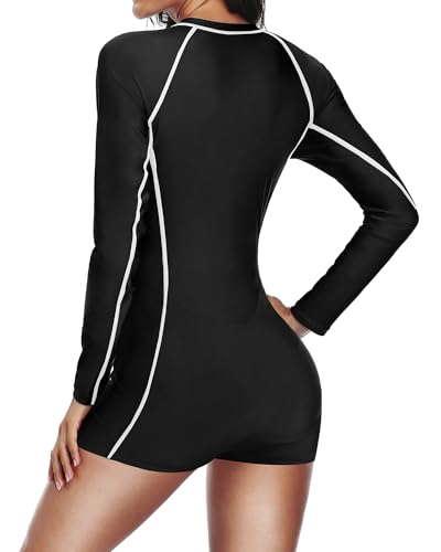 Daci Women Long Sleeve Rash Guard One Piece Boyleg Swimsuit Zipper Surfing Bathing Suit UPF 50 Black White M - Image 3