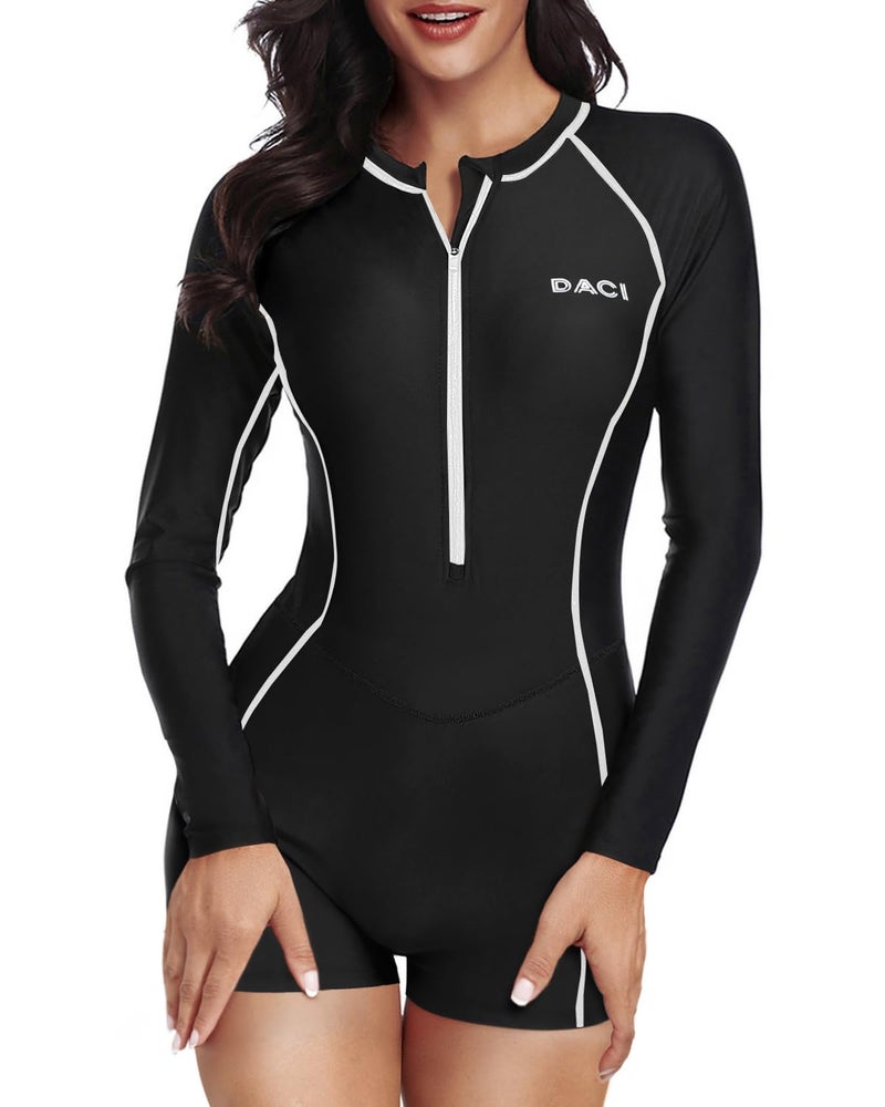 Daci Women Long Sleeve Rash Guard One Piece Boyleg Swimsuit Zipper Surfing Bathing Suit UPF 50 Black White M - Image 2