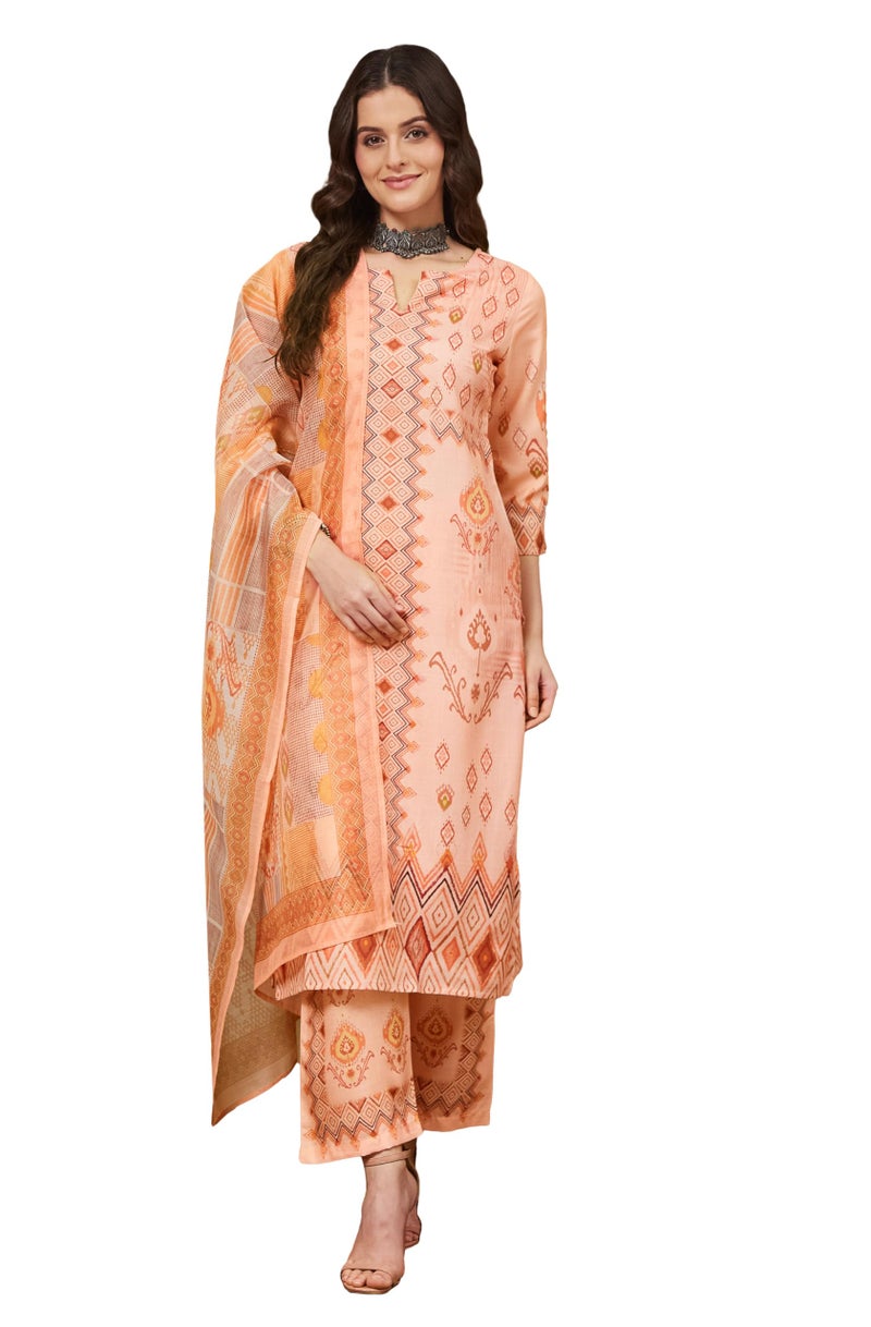 Janasya Women's Peach Cotton Blend Geometric Printed Pakistani Straight Kurta Set (JAC25ST02969-2XL) - Image 1