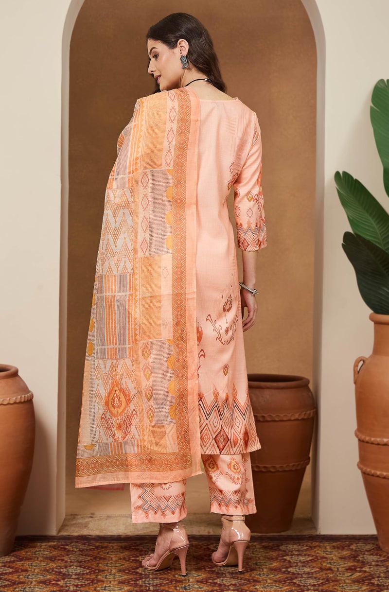 Janasya Women's Peach Cotton Blend Geometric Printed Pakistani Straight Kurta Set (JAC25ST02969-2XL) - Image 5