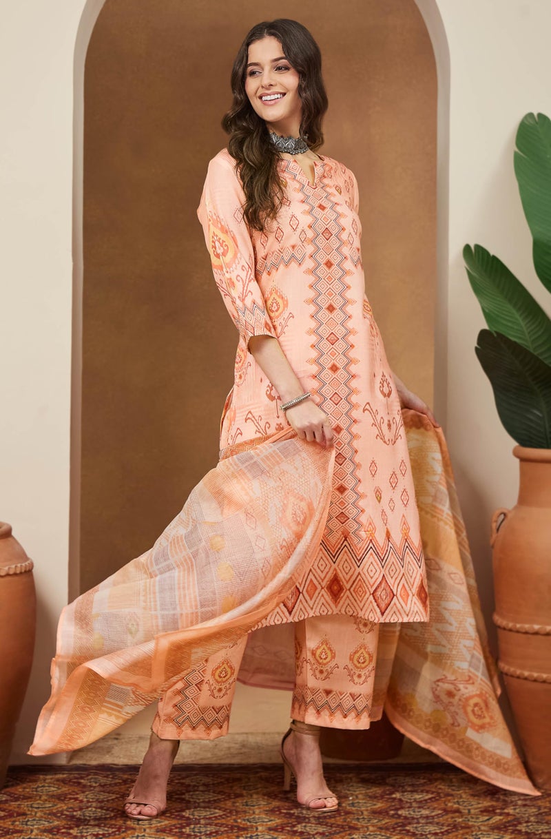 Janasya Women's Peach Cotton Blend Geometric Printed Pakistani Straight Kurta Set (JAC25ST02969-2XL) - Image 4