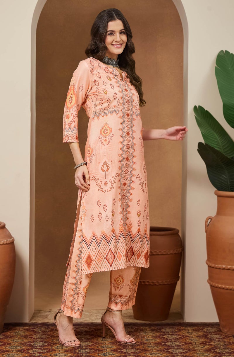 Janasya Women's Peach Cotton Blend Geometric Printed Pakistani Straight Kurta Set (JAC25ST02969-2XL) - Image 2