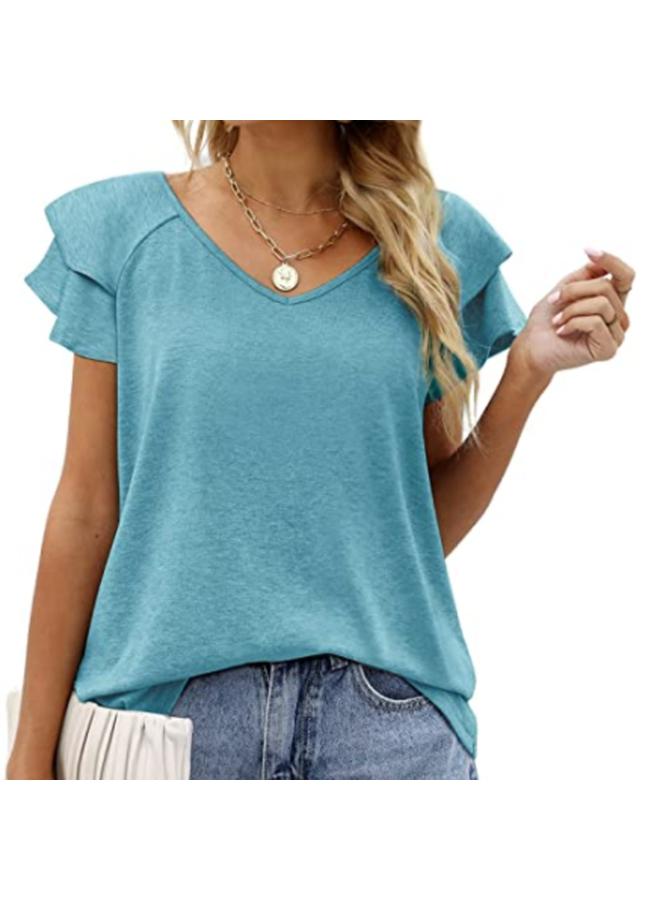 Song Feng Ya New European And American Women's Top V-neck Double-layer Lotus Leaf Short-sleeved Women's T-shirt 