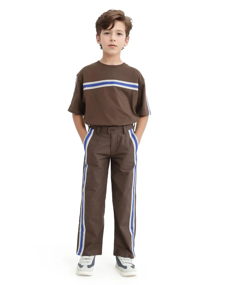 Rare Ones Rare Ones Kids Taper-B Brown Tape Detailed Button And Zip Closure Regular Fit Cotton Trouser