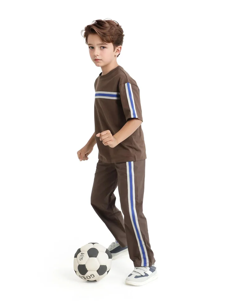 رير ونز Rare Ones Kids Taper-B Brown Tape Detailed Button And Zip Closure Regular Fit Cotton Trouser