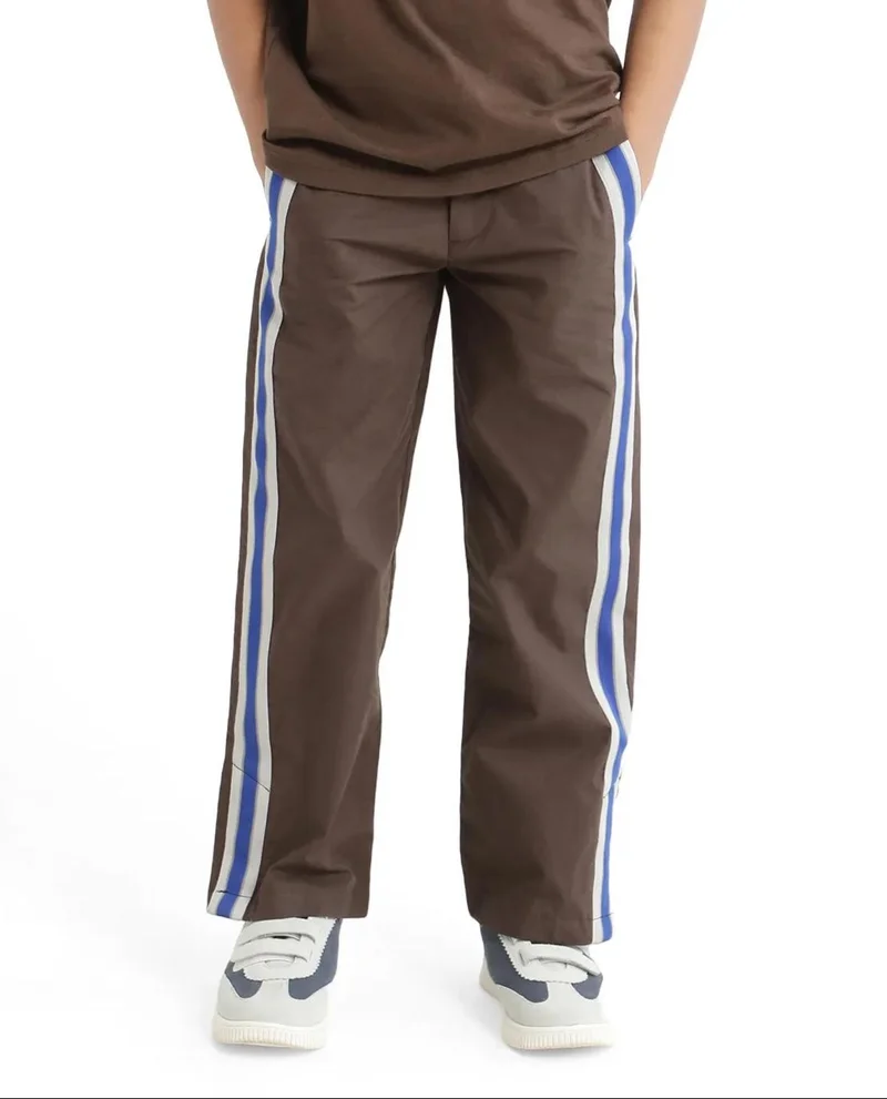 رير ونز Rare Ones Kids Taper-B Brown Tape Detailed Button And Zip Closure Regular Fit Cotton Trouser
