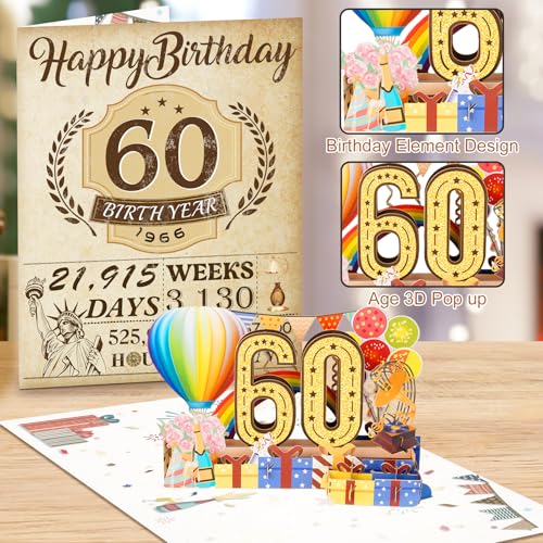 OLOSONG 60th Birthday Card for Men Women, 3D Pop Up 60th Birthday Gifts Cards for Him Her, Back In 1966 Funny 60 Year Old Birthday Decorations, Classy Vintage - Image 4