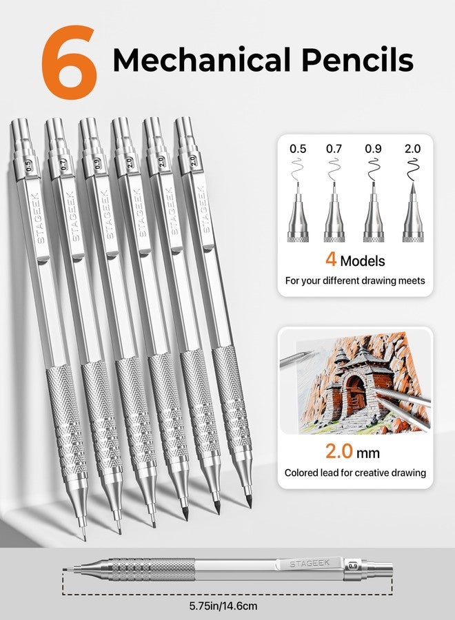 STAGEEK 30PCS Silver Metal Mechanical Pencil Set in Leather Case, 0.5/0.7/0.9/2.0mm Art Drafting Pencils with 16 Tubes Graphite Leads (6B 4B 2B HB 2H 4H) & Colored Refills for Sketching, Drawing, Writing - Image 3