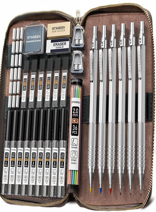 STAGEEK 30PCS Silver Metal Mechanical Pencil Set in Leather Case, 0.5/0.7/0.9/2.0mm Art Drafting Pencils with 16 Tubes Graphite Leads (6B 4B 2B HB 2H 4H) & Colored Refills for Sketching, Drawing, Writing - Image 1