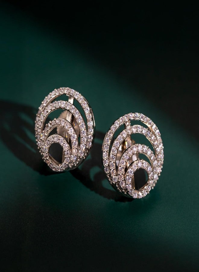 Voylla Halo Essence Circular Disk Stud Earrings, American Diamond, Western, Cocktail, Party, Gift For Her - Image 2