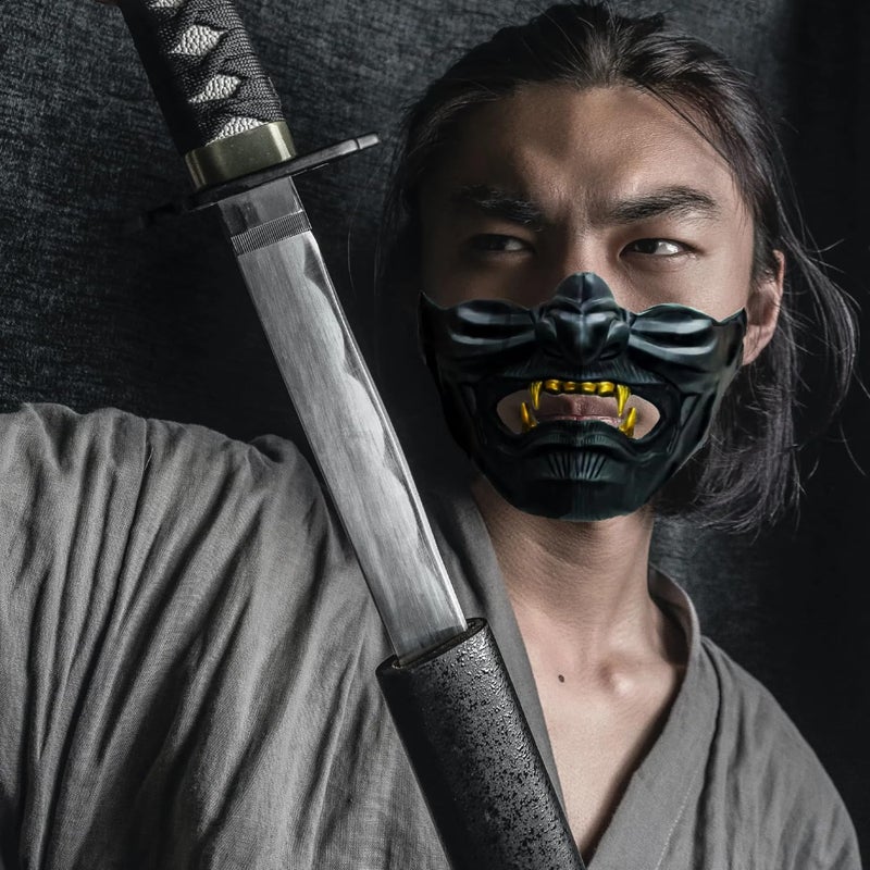 Vercico Oni Samurai Mask Half Face Japanese Warrior Mask Ghost Warrior Character Masks Novelty Halloween Party Cosplay Costume Cool Halloween Cosplay Prop for Adults - Image 4