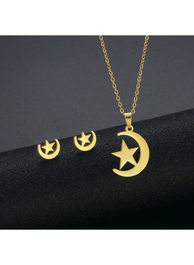 جلوسكي طقم قلادة وأقراط نجمة وقمر سماوية – مجوهرات ستانلس ستيل بسيطة للنساء والفتيات - Image 4