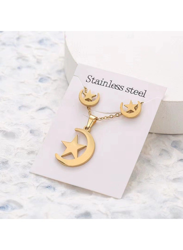 جلوسكي طقم قلادة وأقراط نجمة وقمر سماوية – مجوهرات ستانلس ستيل بسيطة للنساء والفتيات - Image 2