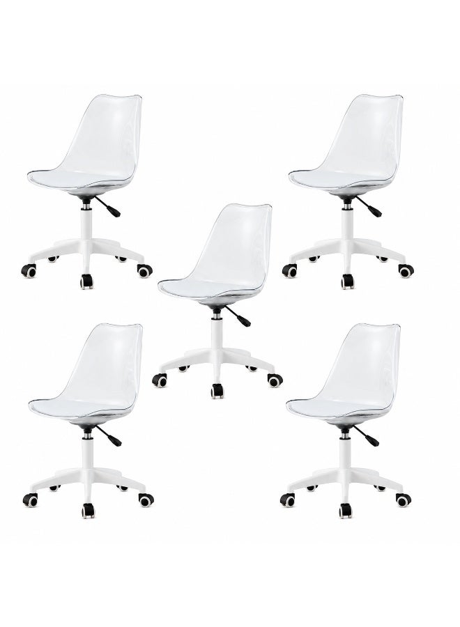 Sinyin Set of 5 Transparent Office Chairs with Cushion Seat and Wheels, Adjustable Height Swivel Desk Chair, Modern Clear Home Office Chair for Study Room, Vanity, Bedroom and Workspace, White Base - Image 1